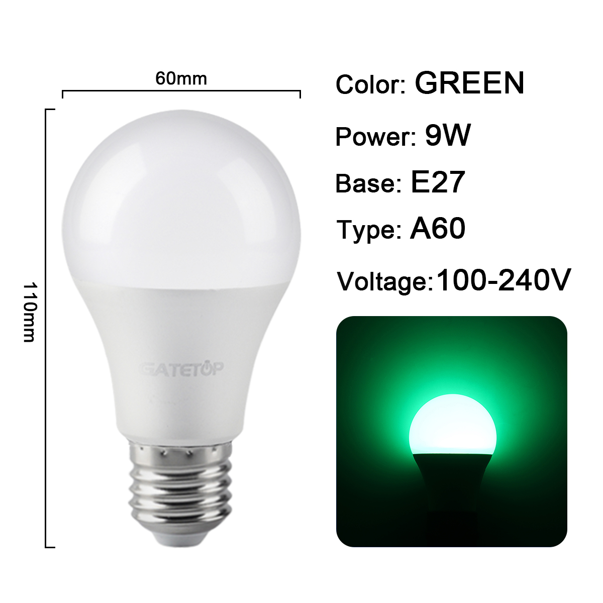 A60 9W E27 Verde