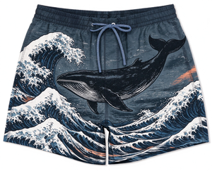 <b>Men's</b> Quick Dry Board <b>Shorts</b> Elastic Waist Drawstring Blue Wave Print <b>Swim</b> Trunks - Product Image 3