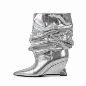 Botas de cuña holgadas de caña ancha para mujer, estilo sexy, con punta puntiaguda, parte superior de PU con textura de anguila - Product Image 3
