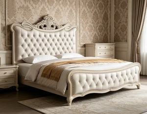 Premium Queen Size Cream Tufted <b>Bed</b> With Ornate Carved Floral Headboard & Nailhead Trim For Luxury Bedroom - Product Image 5