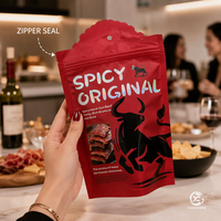 Kantong Ziplock Berdiri Custom Logo OEM ODM, Kemasan Daging Sapi Kering Tahan Lembab Food Grade Dengan Lubang Gantung Atas Bergelombang