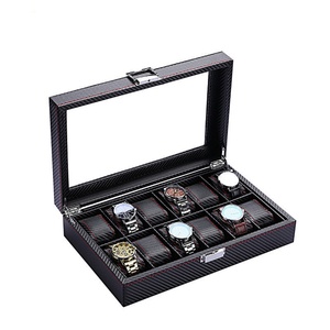 Customized Logo Luxury Carbon <b>Black</b> PU Leather Clear Window Packaging <b>Box</b> for 6 12 Slots Watches Organizer Storage case - Product Image 1