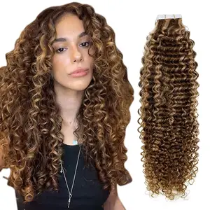 Wholesale Deep Curly Invisible Remy Human Hair Extensions Curly Tape in Hair Extensions Natural Wave Tape in Extensions