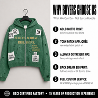 Sweat-shirts à capuche entièrement zippés personnalisés vert forêt, effet vieilli, avec patchs déchirés et appliqués, 380 g/m², pour marques, fabricants OEM ODM