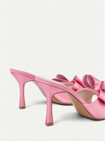 Sandales mules roses en satin pour femmes, à bout rond et talon épais, avec nœud surdimensionné et strass, chaussures de soirée pour la vente en gros