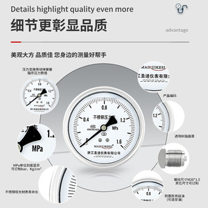Manómetro a prueba de golpes de acero inoxidable de grado 1.6, con rosca M20*1.5, hidráulico y neumático, modelo yn100zbf - Product Image 2