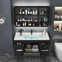Vanit kamar mandi, hiasan kulit Modern mewah dengan cermin pintar Hotel Modern atau furnitur rumah bahan MDF lemari kamar mandi