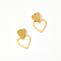 Gouden dubbele hartvormige oorhangers van roestvrij staal, clip-on, open frame, charme, twee lagen, delicaat, romantisch, unisex, Valentijnsdag