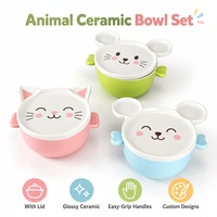 Bol en céramique pour enfants avec couvercle et double poignée, motif personnalisé, couleur au choix, pour l'alimentation, OEM ODM, vente en gros