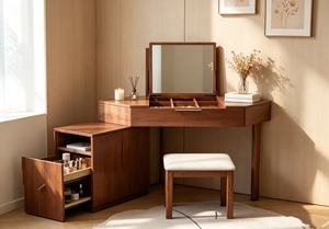 Solid Oak Makeup <b>Vanity</b> With Flip-Top <b>Mirror</b> And Storage Drawers For Bedroom Minimalist Design - Product Image 2