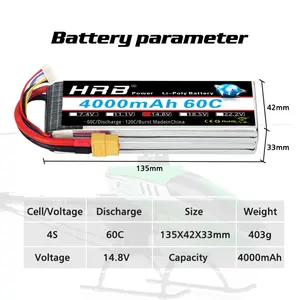 DWI 航空機用リチウムポリマードローンバッテリー 4000mAh 60C 放電 2S-6S 7.4V/11.1V/14.8V/22.2V リモコン多軸 T/Xt60 - Product Image 3