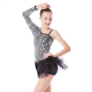 Costumi da ballo per bambine alla moda a righe con motivo paillettes a manica singola tutù mezza gonna tuta da esibizione Jazz - Product Image 2