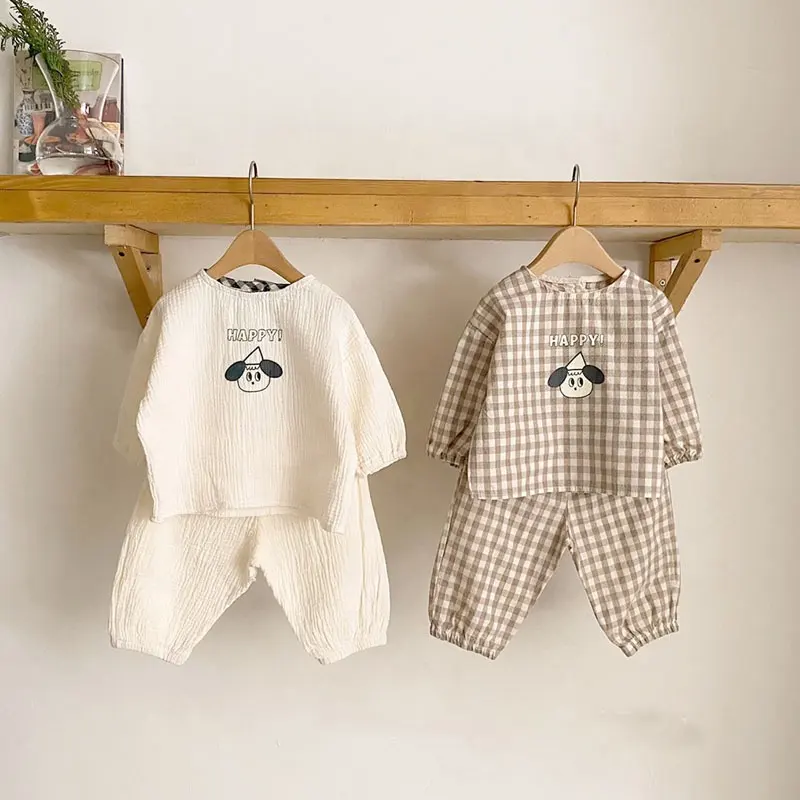 2023 nuovi vestiti di lino di cotone per bambini Set Plaid Cartoon Casual top + pantaloni 2 pezzi Baby Set Cute Boy Girls comodi abiti per neonati