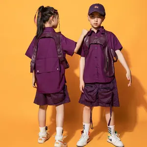 Детская уличная одежда для концерта Фиолетовая рубашка с лацканами, повседневные шорты с карманами, одежда в стиле хип-хоп для мальчиков, костюмы для джазовых танцев