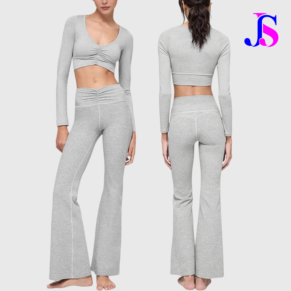 L-T6733+K6734 Women's Breathable Top Sets Long-sleeved Suit Loose-fitting Trousers Gym Fitness Wear Yoga Sets Pilates Sets