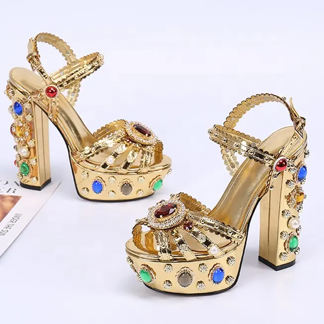 Sandali delle donne di Blocco Tacchi Alti Sandali Delle Signore Diamante di Cristallo Gioiello Scarpe Sandali di Cuoio Genuino Femme di Design di Lusso di Grandi Dimensioni