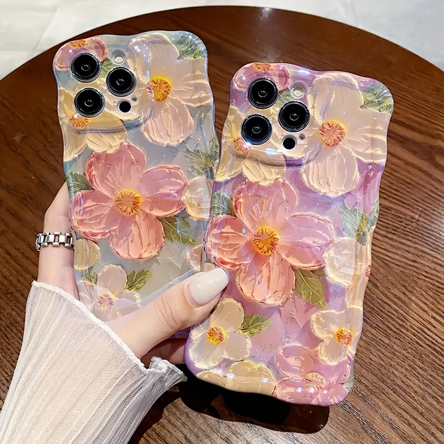New Luxury Blue 3D Oil Painting Purple Flower Phone Case for Iphone 15 14 13 11 Pro Max Korean Style Wave Edge Shockproof Cover