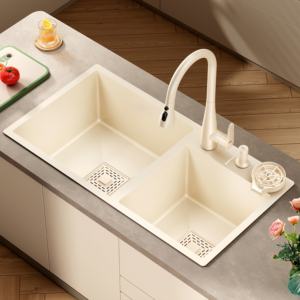 Évier de cuisine double grand format fait main en acier inoxydable épaissi blanc crème pour usage domestique - Product Image 1