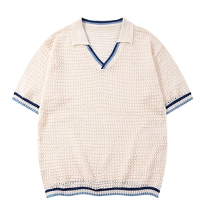 Pull en maille à col en V personnalisé décontracté avec logo, 100% coton, design uni, pull en maille à manches courtes pour homme, été - Product Image 1