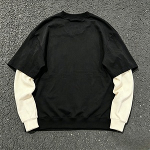 Men's Black Crew Neck T-Shirt With Cream Long Sleeve <b>Layer</b> Casual Knitted Solid Color <b>Top</b> - Product Image 3