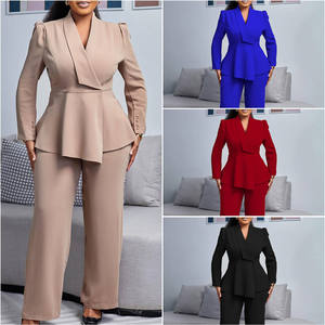 Conjuntos de Otoño e Invierno <span class=keywords><strong>para</strong></span> Mujer, Elegantes <span class=keywords><strong>para</strong></span> Oficina, Top con Cuello en V y Volantes, Pantalones Anchos de Pierna, Conjunto de Dos Piezas, Ropa Femenina - Product Image 2