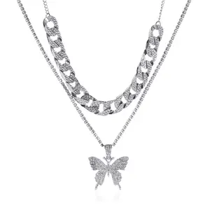 Mode Cuba Double Couche Clavicule Chaîne Colliers Bijoux Personnalité Exagérée Plein Diamant Papillon Grand Pendentif Collier