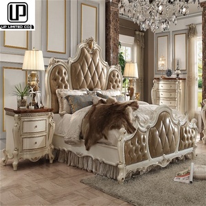 European Style White Leather Cushion Headboard Twin Hand-Carved Pattern Classicism <b>Bed</b> With High Headboard Cushion Headboard <b>Bed</b> - Product Image 1