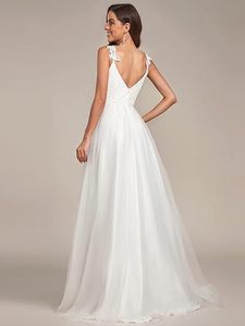 Elegant Light Lace Simple <b>White</b> A-Line Deep V Neck Spaghetti Straps Lace Appliques Wedding Dress Sweep Train <b>Tulle</b> Bridal Gown - Product Image 5