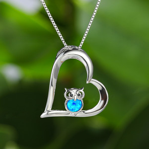 Cute Small <strong>Owl</strong> Blue Opal Necklace Vintage Hollow Heart Pendant Necklace Antique Silver Color Wedding Necklaces for Women <strong>Jewelry</strong> - Product Image 5