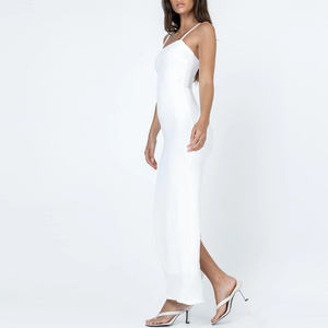 Vestido Midi Bodycon Blanco de Verano con Tirantes y Espalda Descubierta, de Punto Acanalado Natural Casual con Spandex y Abertura Lateral en la Parte Inferior, Estilo Suéter, de Fábrica OEM - Product Image 2