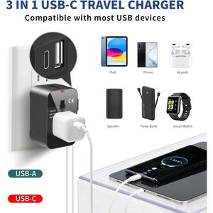 Adattatore da viaggio USB-C Premium 45W universale All-One in tutto il mondo convertitori a muro caricabatterie AC Plug adattatore per fotocamera - Product Image 2