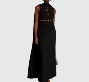 Vestido maxi com cape com fenda lateral de poliéster, moda feminina personalizada, cintura alta, sem costas, preto e solto