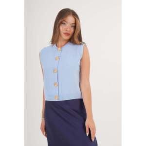 Gilet tricoté sans manches bleu ciel pour femme, style bouton escargot, 100 % acrylique - Product Image 3