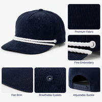 Gorra de Béisbol Premium al por Mayor, Personalizada con Bordado, de Pana Vintage, de 5 Paneles, Sin Estructura, con Cierre a Presión Plano, con Doble Ribete Blanco, Estilo Deportivo