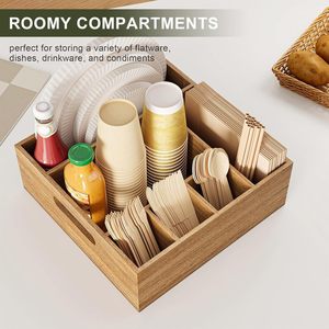 Boîte de rangement en bois massif, organisateur de cuisine multi-compartiments, plateau à couverts, porte-vaisselle, solution de rangement décorative pour comptoir - Product Image 4