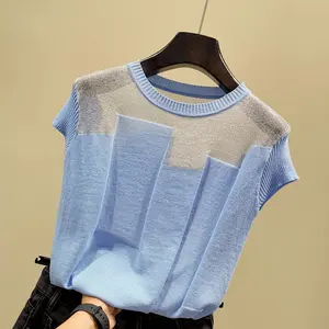 Korean Patchwork Ice Silk Knitted Tops Blusas Mujer De Moda Women O-neck Short Sleeve Pullover Fashion Thin Blouse Blusas 3739