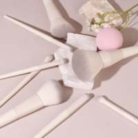 Set Kuas Makeup Profesional Portabel Gagang Kayu Beige Mewah, Kuas Bedak, Set Kuas Rias Wajah Datar