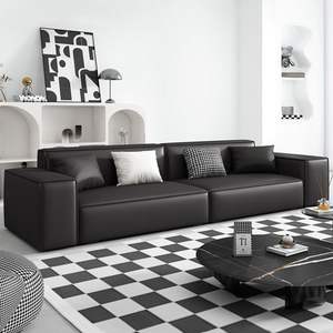 طقم أريكة حديثة مربعة الشكل من الجلد الصناعي البيج مع وسائد، أثاث كبير مبطن لغرفة المعيشة وديكور المنزل - Product Image 2