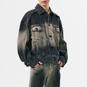 Veste en jean pour homme, denim brut noir personnalisé, vintage, délavé, haute qualité, 100% coton, nouvelle mode - Product Image 2