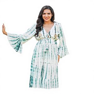 Vestido Midi Bohemio Verde para Mujer, con Mangas Abullonadas, Lavable, Cintura Natural, para Vacaciones, Picnic y Estilo Resort - Product Image 1