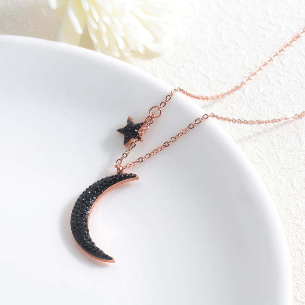 Collar de estrella de luna de circón negro de joyería femenina de acero inoxidable popular /