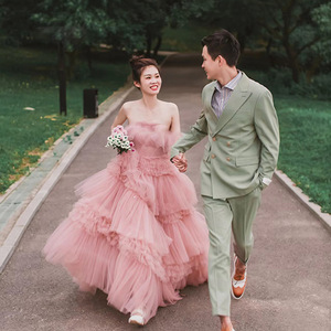 Pink Strapless Ball Gown Empire Waist Tulle Wedding Dress Red Bean Paste Color For Outdoor Travel Photography - Product Image 1