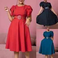 Trendy Summer Womens Büro kleider O-Ausschnitt Kurzarm Elegante Rüschen A-Linie Afrikanische Kleider für Frauen Kleidung Mit Gürtel