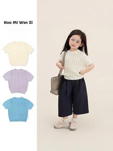 Nouvelles collections été 2026 : Hauts en maille ajourée à manches courtes style coréen pour petites filles - Product Image 2
