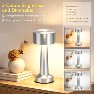 Lampe de table LED moderne à commande tactile, intensité réglable, blanc chaud 3500K, pour chambre à coucher, chevet, bureau, lecture, corps en fer, abat-jour en métal, batterie - Product Image 2