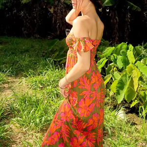 مخصص هاواي جودة عالية النساء عارضة مثير اسم الصيف شق القطن الشاطئ زهرة طباعة فساتين - Product Image 2