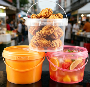 Seau en plastique transparent de qualité alimentaire avec poignée et couvercle hermétique, seau rond multi-usage pour poulet frit, jus de fruits, en-cas - Product Image 1