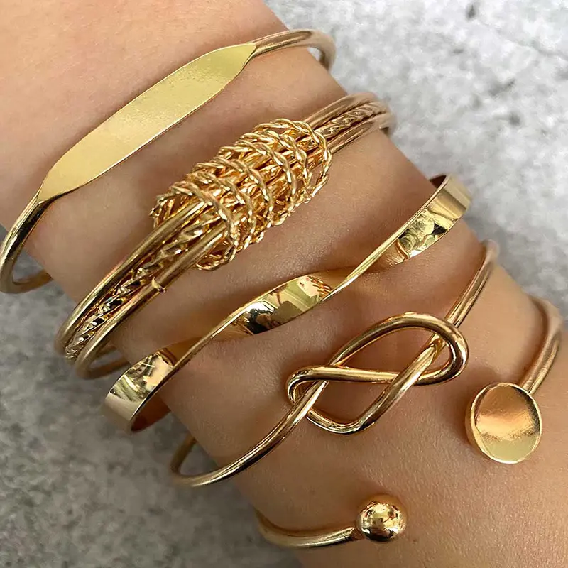 5 buah/Set Fashion desain baru geometris warna emas gelang Set untuk wanita perhiasan