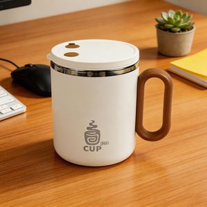 Electric Stirring Cup 304 Stainless Steel With Lid Double Layer Anti Scalding Office Coffee Mug With Handle White - Product Image 1