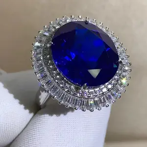 GEMS LADY 15Carat Trendy Synthetic Sapphire Fine Jewelry 925 Silver Big Carat Ring VVS Grade Oval Shape Women Wedding Party Ring